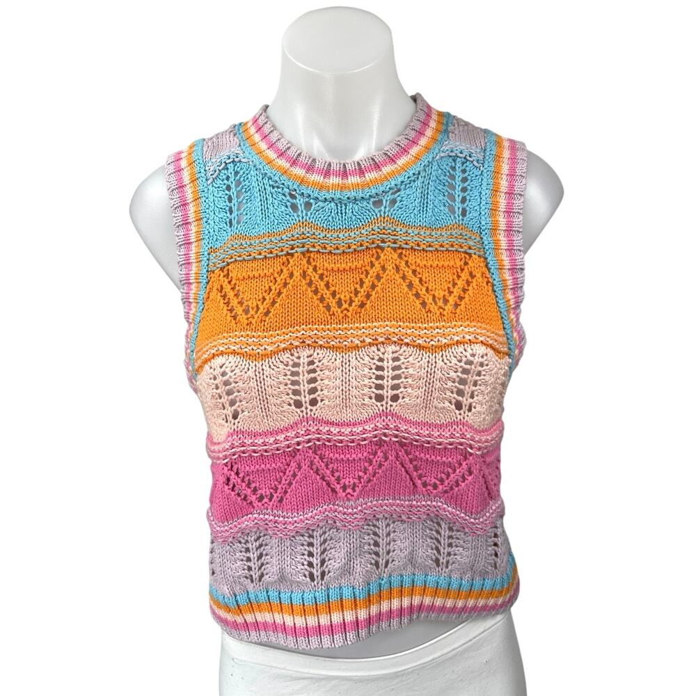 Zara Multicolor Crochet Knit Colorblock Striped Sleeveless Sweater Vest Top Sz S